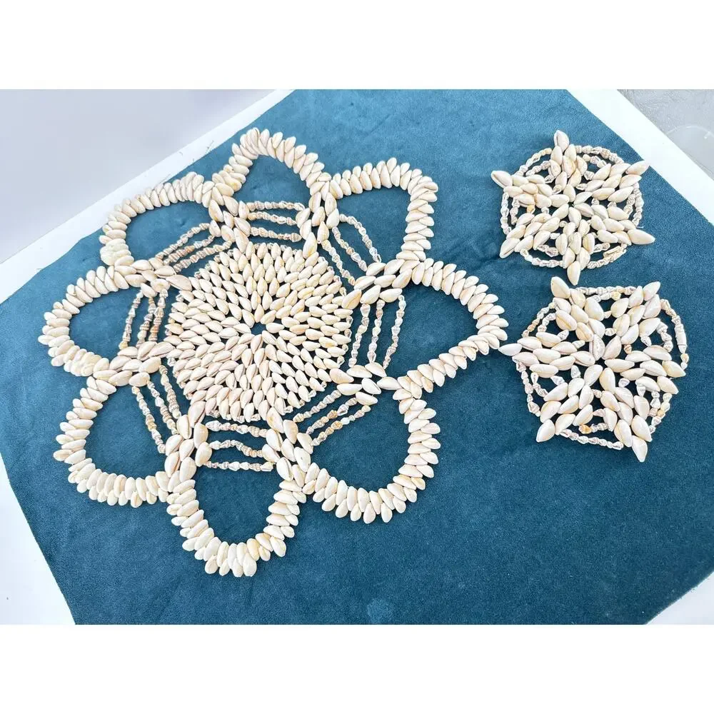 Seashell Placemat Trivet Hot Pad 15 Inch With 2 Coasters Boho Coastal Decor